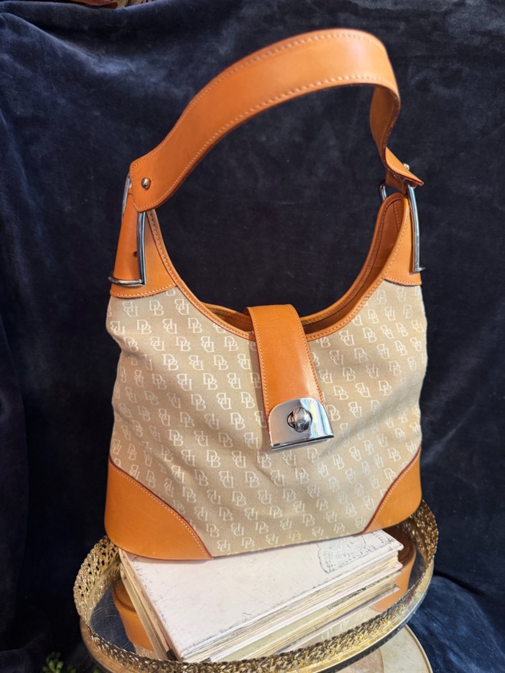 Vintage Dooney & Bourke signature canvas with leather trim hobo shoulder bag